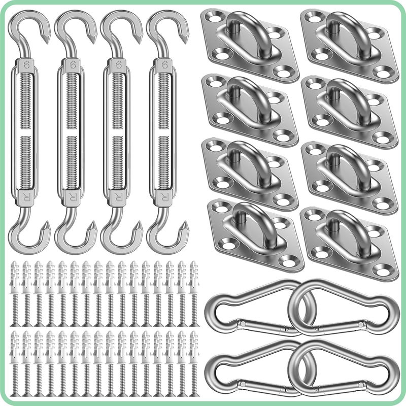 BUDONI Sun Shade Sail Hardware Kit 6 Inch – 80 Pcs Heavy Duty Stainless Steel Sun Sail Hardware with Turnbuckles, Pad Eyes, Hooks, for Triangle & Rectangle Shade Sail Canopy, Outdoor Patio, Garden, Backyard - Image 1